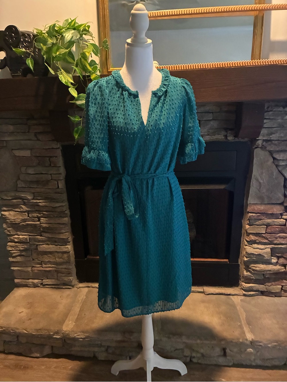 Kaari Blue Teal Textured Midi Dress with Self-Tie Waist